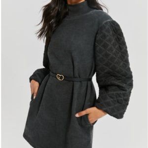 Something Navy Quilted-Sleeve Mini Dress in Charcoal